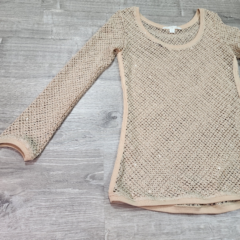 BOSTON PROPER Nude Sequin Net Long Sleeve Cover Up Tunic Top XS